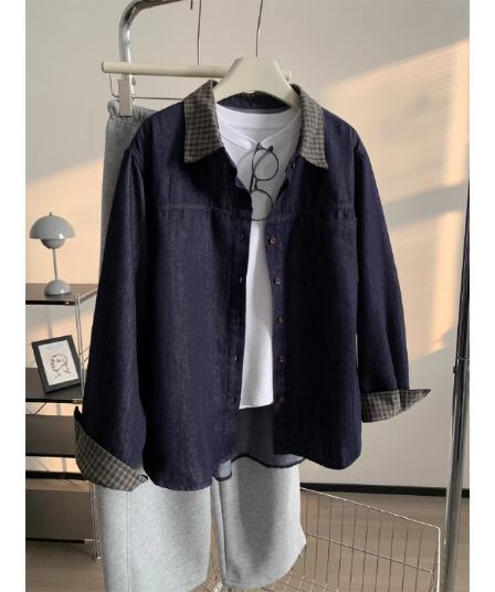 일본식 레트로 체크무늬 폴로 칼라 데님 여성 셔츠 느슨함 센스 한국 스타일 단 닝 색상 주머니 셔츠 재킷 26 봄 가을