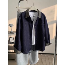 批发日系复古格子<b class='q'>翻领</b>牛仔衬衫女松弛感韩版丹宁色口袋衬衣外套26春秋