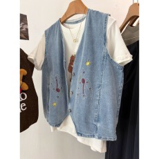 批发童趣减龄刺绣飞鸟 韩系V领钩花<b class='q'>牛仔</b>马甲叠穿背心坎肩<b class='q'>外套</b>上衣女春
