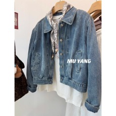 批发MUYANG 韩国水洗料 丝巾装饰复古牛仔外套女短款翻领百搭夹克外套
