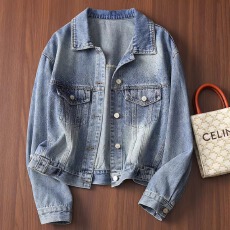 批发时髦耀眼 重工烫钻水洗蓝渐变<b class='q'>通勤</b>时尚翻领牛仔外套女新款