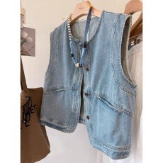 批发度假风日系牛仔马甲 2026水洗薄面料圆领叠穿马甲上衣女