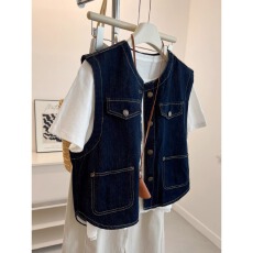 韩版复古中性工装风圆领无袖牛仔马甲外套女宽松显瘦学生秋季夹克