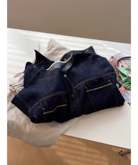 작은 대중 명시적 스티치 라운드 넥 데님 여성 코트 루즈핏 일본식 레트로 진한 파란색 학생 연령 감소 다용도 봄 새로운