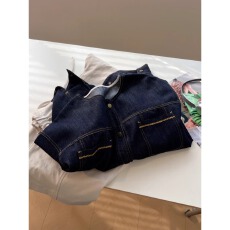 批发小众明线圆领牛仔外套女宽松日系复古深蓝色学生减龄<b class='q'>百搭</b>春季新款