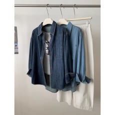 批发美式复古水洗蓝红扣子翻领<b class='q'>牛仔</b><b class='q'>衬衫</b>女2026春秋松弛感百搭<b class='q'>衬衣</b>外套