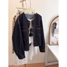 批发韩系复古撞色2026明线圆领牛仔外套女春<b class='q'>薄</b>款宽松休闲短款<b class='q'>夹克</b>