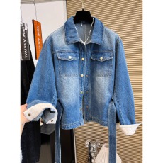 批发设计感小众复古风水洗翻领单排扣牛仔外套女收腰系带宽松2026春装