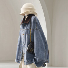 批发水洗蓝翻领牛仔外套女春季撞色灯芯绒拼接韩版遮肉显瘦夹克