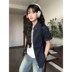 批发美式复古正肩牛仔棉短袖<b class='q'>衬衫</b>女夏季宽松日杂休闲男女外搭<b class='q'>衬衣</b>外套