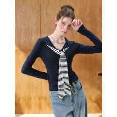 批发【新品】法式休闲海军领条纹T恤2025早秋新款飘带通勤打底衫