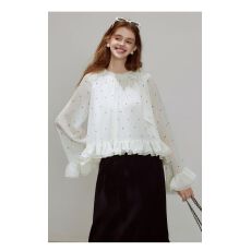 批发【新品】法式波点蝴蝶结圆领荷叶边下摆<b class='q'>衬衫</b>2025秋季新款上衣