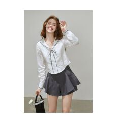 批发【新品】法式简约海军领系带长袖衬衫2025秋新款百搭休闲上衣