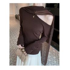 批发法式设计感<b class='q'>雪纺</b>飘带拼接T恤女装2025早秋季新款斜领长袖上衣