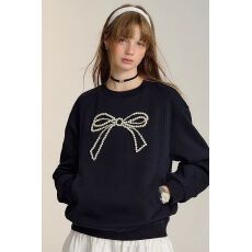 蝴蝶结长袖T恤女2025秋季新款钉珠印花设计通勤宽松显瘦套头卫衣