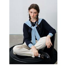 批发【新品】法式海军领长袖针织衫2025秋季新款简约修身假两件百搭衫