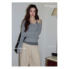 批发【原版质量-羊毛】法式条纹无袖吊带<b class='q'>背心</b>露肩<b class='q'>斜</b>肩长袖T恤两件套女