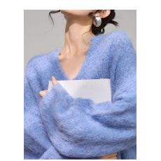 批发【原版质量-羊毛】法式蓝色v领慵懒风针织2026春高级感保暖毛衣