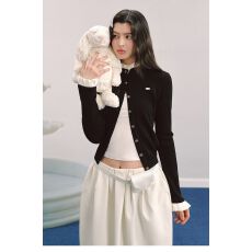 批发【原版质量】法式宫廷风木耳边立领<b class='q'>针织</b>开衫女气质撞色修身<b class='q'>上衣</b>