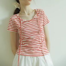 批发【原版质量】雪花棉微透系带前后两穿轻薄<b class='q'>T</b>2026夏航海系条纹上衣