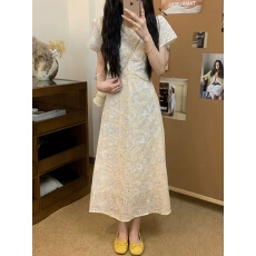 批发刺绣气质v领杏色扎染显瘦度假风小众设计感刺绣<b class='q'>连衣裙</b><b class='q'>连衣裙</b>