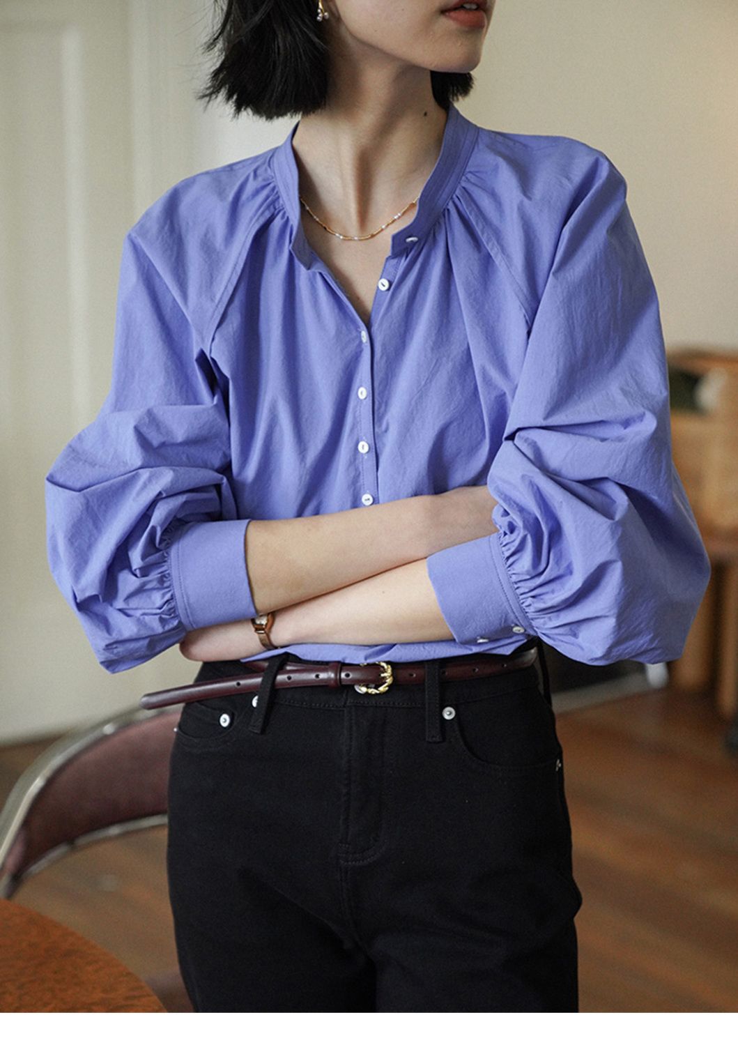 원본 품질 프랑스식 작은 스탠드 칼라 거품 소매 고급 센스 루즈핏 긴팔 셔츠 여성 의류 2026 맨위 트렌디