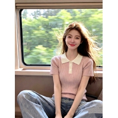 批发坑条polo领针织短袖女设计感小众夏季t打底衫辣妹穿搭短款针织衫