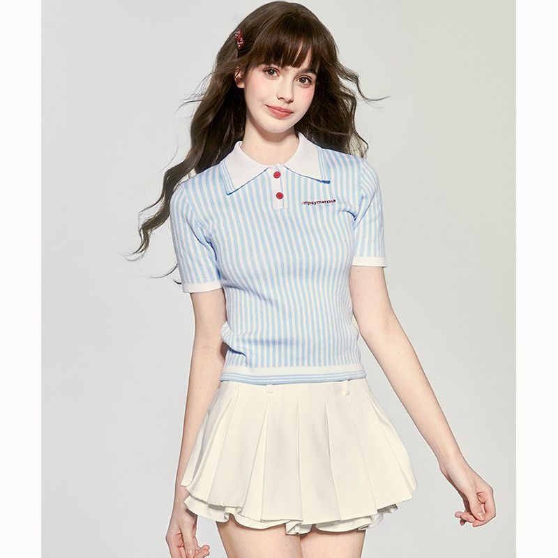 원본 품질 프랑스식 순수한 욕망 바람 세로 줄무늬 배색 POLO 칼라 니트 스웨터 2026 여름 새로운 연령 감소 맨위 여성