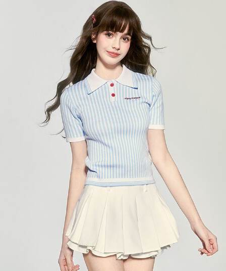 원본 품질 프랑스식 순수한 욕망 바람 세로 줄무늬 배색 POLO 칼라 니트 스웨터 2026 여름 새로운 연령 감소 맨위 여성