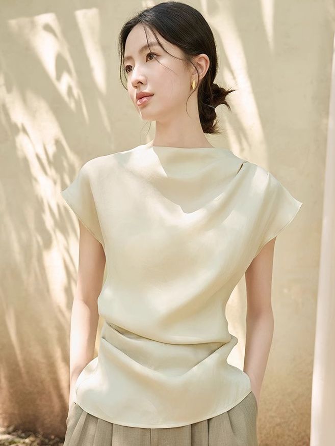 원본 품질 법 마이크로 터틀넥 우아함 티셔츠 여성 의류 2026 여름 반팔 핀치 Pleat 고급 센스 맨위 작은 셔츠