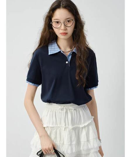 원본 품질 프랑스식 학원 스타일 출퇴근 헨리 칼라 티셔츠 여성 의류 2026 봄 여름 페이크 레이어드 체크무늬 맨위