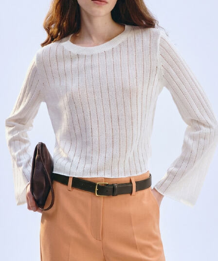 원본 품질 프랑스식 캐주얼 그리고 종이 혼방 세로 줄무늬 엠보싱 센스 라운드 넥 니트 풀오버 2026 가을 새로운