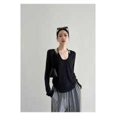 批发法式不撞衫慵懒T恤女装2026早秋季新款假两件镂空长袖<b class='q'>罩衫</b>潮