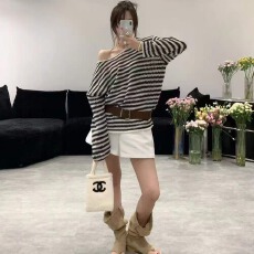 批发带皮腰带<b class='q'>欧洲</b>站针织衫女新款圆领波浪条纹百搭显瘦洋气宽松上衣潮