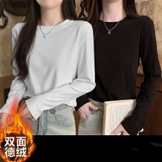 批发双面德绒长袖速暖圆领<b class='q'>修身</b>加绒打底衫秋冬季内搭保暖纯色上衣