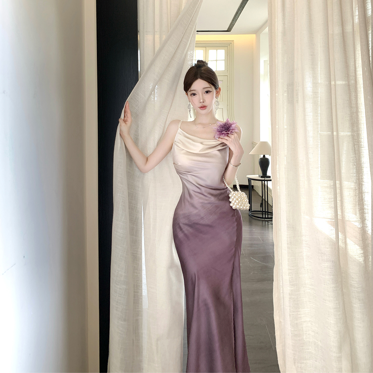 MY7887# 夏季新款复古醋酸缎面吊带长裙堆堆领收腰A摆渐变紫色连衣裙女裝貨源服裝批發