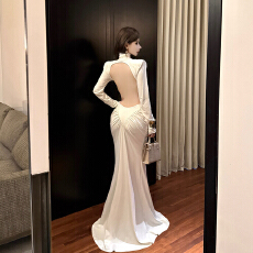 批发实拍 秋季新款性感高领气质修身收腰<b class='q'>拖地</b>A字<b class='q'>长裙</b>露背长袖连衣裙女