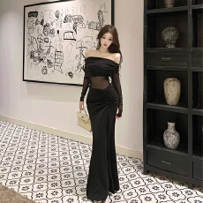 批发实拍 性感名媛法式一字肩腰部网纱拼接微透收腰长袖<b class='q'>连衣裙</b>A字<b class='q'>长裙</b>