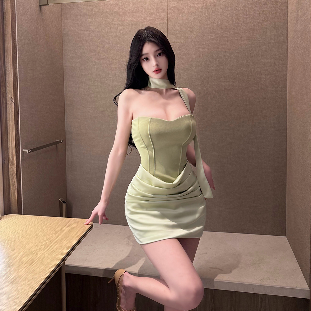 실사 순수한 욕망 섹시함 튜브탑 행침 목 리본 튜브탑 타이트 스커트 새틴 패치워크 펌프 주름 핫걸 슬립 드레스