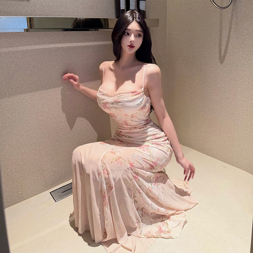 실사 프랑스식 작은 대중 아름다운 꽃무늬 슬립 드레스 도루 가을 센스 품격 망사 중간 길이 인어 꼬리 여성 드레스