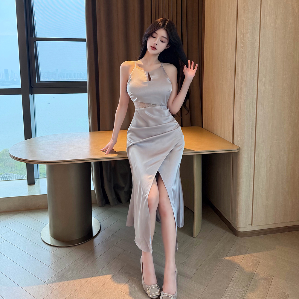 실사 여름 프랑스식 순수한 욕망 행침 목 아세트산 몸매 가꾸기 트임 드레스 라운드 넥 홀로우 아웃 레이스 조각 예복