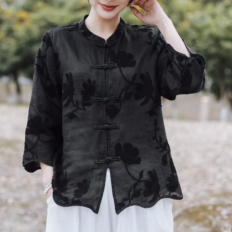 2026 이른 봄 새로운 국풍 앞여밈 단추 무거운 작업 자수 라미 9부 소매 맨위