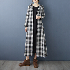 批发2026实拍春季新款加厚格子开胸连帽中长款加肥宽松风衣显瘦连衣裙