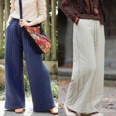 批发2025秋冬新款纯色<b class='q'>亚麻</b>复古条纹夹棉防寒保暖显瘦直筒阔腿<b class='q'>裤</b>