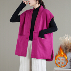 批发2025秋冬<b class='q'>实拍</b>新款复古棉麻纯色V领盘扣对襟短款棉背心马甲