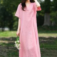 批发2026夏季新款复古棉麻V领加肥加大宽松短袖<b class='q'>连衣裙</b>袍子