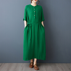 批发2026实拍夏季新款洗水麻棉休闲气质垂感亚麻短袖<b class='q'>连衣裙</b>