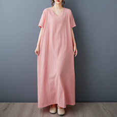 批发2026实拍夏季新款复古棉麻V领加肥加大宽松短袖<b class='q'>连衣裙</b>袍子