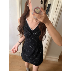 批发Even一雯【曼妙曲线】韩系高智<b class='q'>纯棉</b>V领收腰<b class='q'>连衣裙</b>蕾丝碎花短裙春