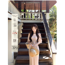 批发许许然Madeleine【春缇玫瑰】春季度假雪纺长款短袖粉色<b class='q'>连衣裙</b>